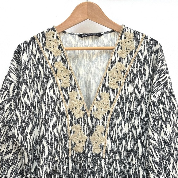 Zara Floral Embroidered Ikat Print Mini Dress Cotton Linen Boho Peasant Ivory L - Picture 4 of 10